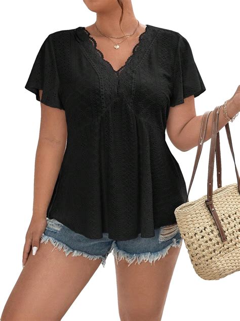 Makemechic Women S Plus Size Lace Trim V Neck T Shirt Peplum Flounce