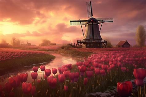 Premium Ai Image A Windmill In A Field Of Tulips With A Sunset In The Background