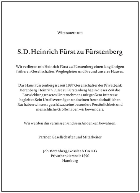 Traueranzeigen von Heinrich Fürst zu Fürstenberg Frankfurter