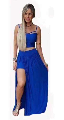 Conjunto Saia Longa Fenda Shortinho Cropped S Bojo De Malha