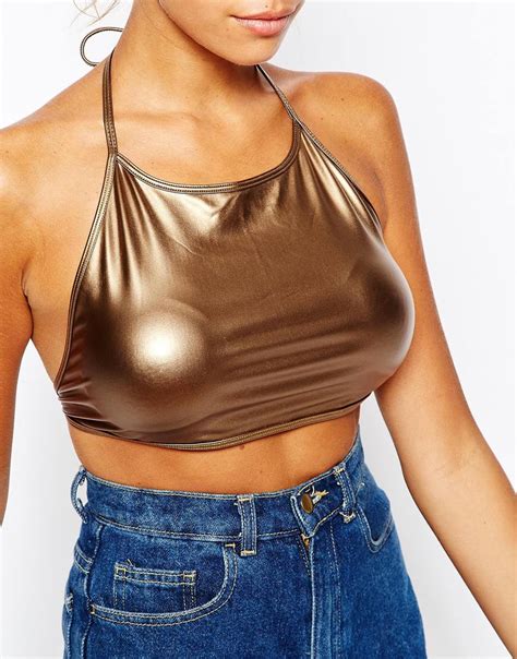 American Apparel Cropped Halter Neck Top In Metallic Gold In Metallic