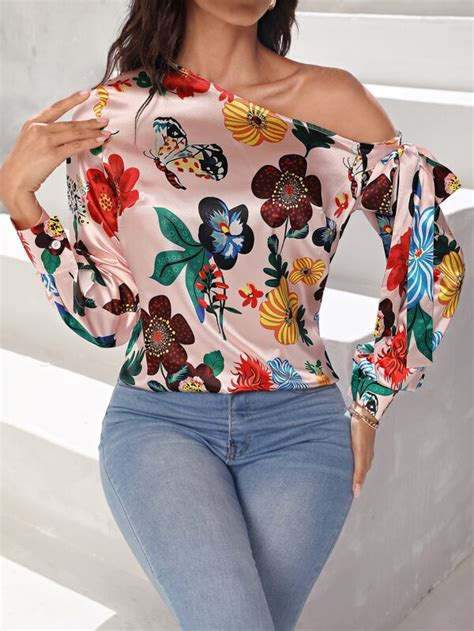 SHEIN Clasi Blusa con estampado floral de cuello asimétrico con nudo