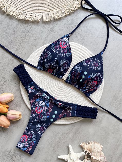 RUOTONSEPT Print Halter Mini Thong High Cut Bikini Female Swimsuit Women Swimwear Two Pieces