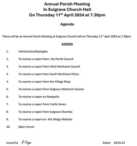 Agenda For Annual Parish Meeting 2024a Sulgrave Village Website