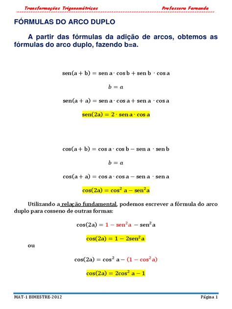 Cosseno Do Arco Duplo - Formulas Do Arco Duplo-1 | PDF | Trigonometria | Equações