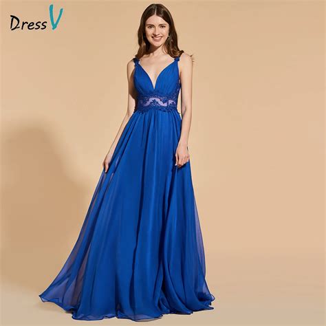 Dressv dark royal blue elegant long prom dress v neck backless a line ...