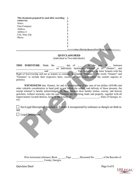 Georgia Quitclaim Deed From Individual To Two Individuals In Joint Tenancy Quitclaim Deed Land