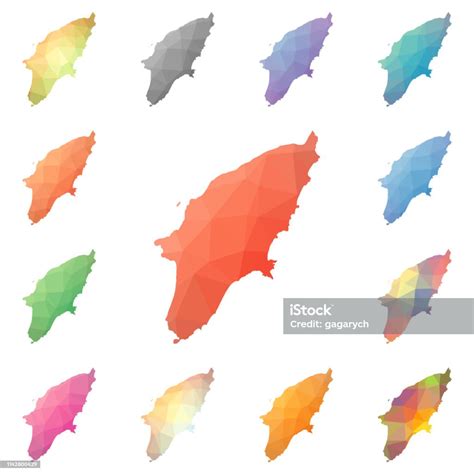 로도스 기하학적 다각형 모자이크 스타일의 섬 지도 컬렉션입니다 개념에 대한 스톡 벡터 아트 및 기타 이미지 개념 개체 그룹