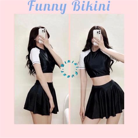 Size M L XL Bikini đồ bơi nữ đi biển mảnh crop top mix chân váy phong cách Hàn Quốc FUNNY