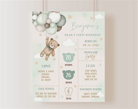 Teddy Bear Milestone Poster Beary First St Birthday Sign Sage Green