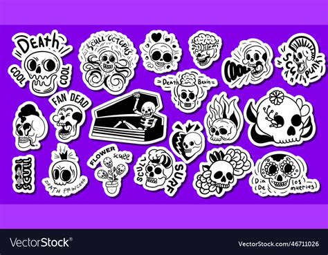 Skull stickers black and white set Royalty Free Vector Image