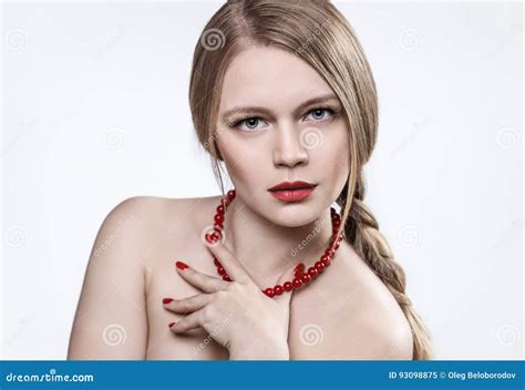 Red Necklace On The Neck Of A Blonde Stock Image Image Of Thick Bliss