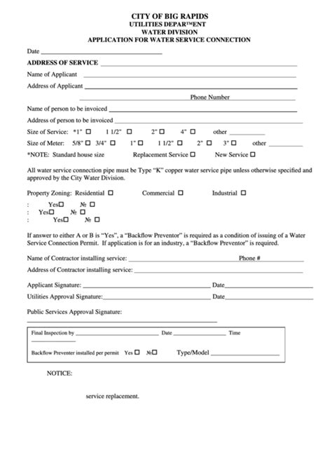 Application For Water Service Connection Form Printable Pdf Download