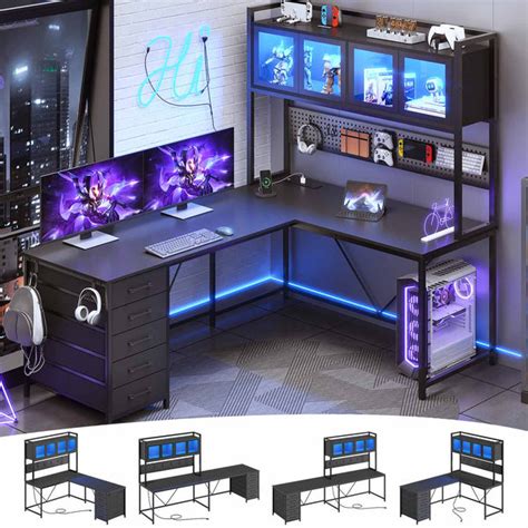 Sikaic LED Reversible L Shaped Gaming Desk Black 