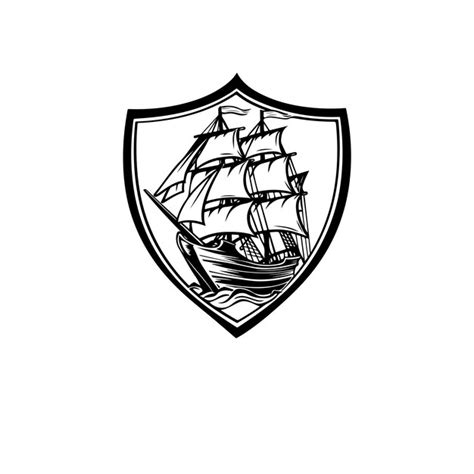 Shield With Vintage Ship Line Art Black And White Nautical Emblem