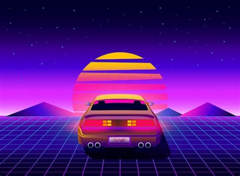 Vista traseira futurista retrô supercarro dos anos 80 em synthwave