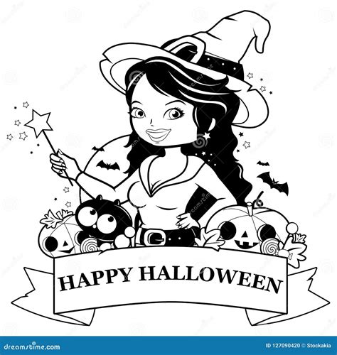 Halloween Witch Pumpkins And Treats Vector Black And White Coloring