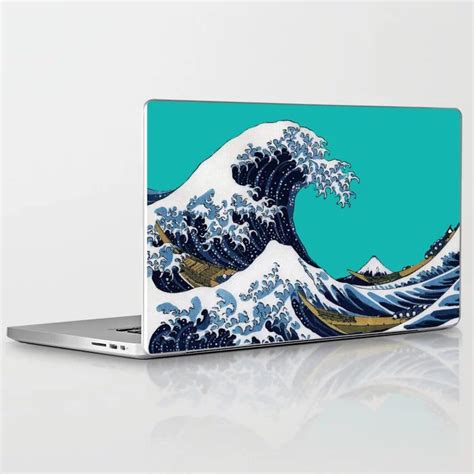 Hokusai“the Great Wave Off Kanagawa”green Cyan Background Laptop And Ipad Skin By Dohshin