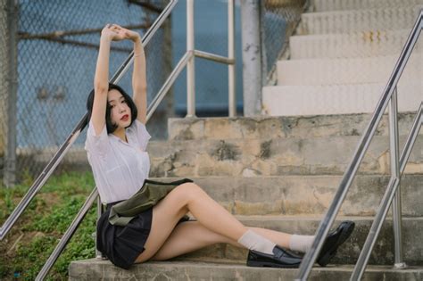 4K Asian Sitting Stairs Uniform Schoolgirls Legs HD Wallpaper