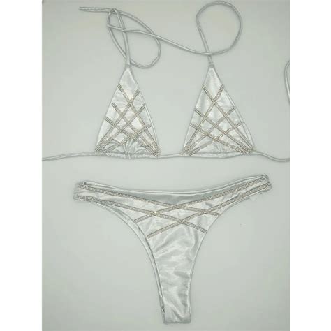 2018 Shining Triangle Halter Bandage Bikini Set Crystal Backless