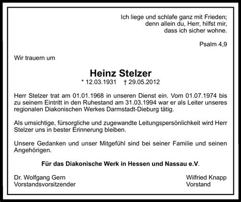 Traueranzeigen Von Heinz Stelzer Vrm Trauer De