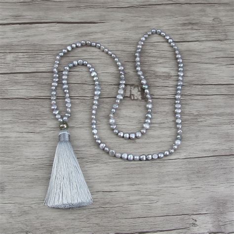 Grey Freshwater Pearl Necklace Tassel Pearl Necklace Long Etsy