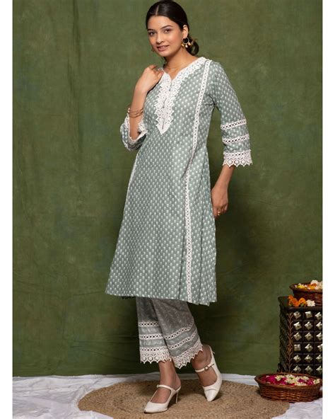 Mint Green Printed Cotton A Line Kurta By Jalpa Shah The Secret Label