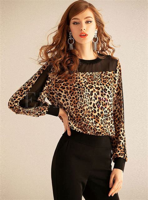 Elegant Splicing Leopard Print O Neck Pullover Blouse Leopard Print