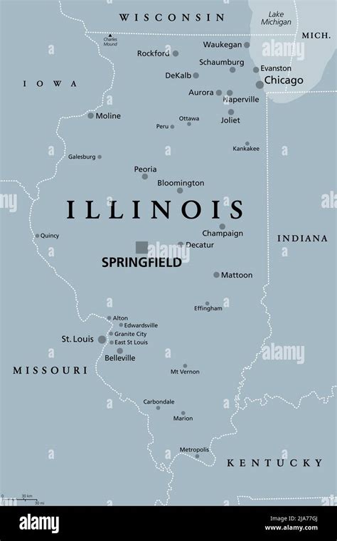 Illinois, IL, gray political map with capital Springfield and metropolitan area Chicago. State ...