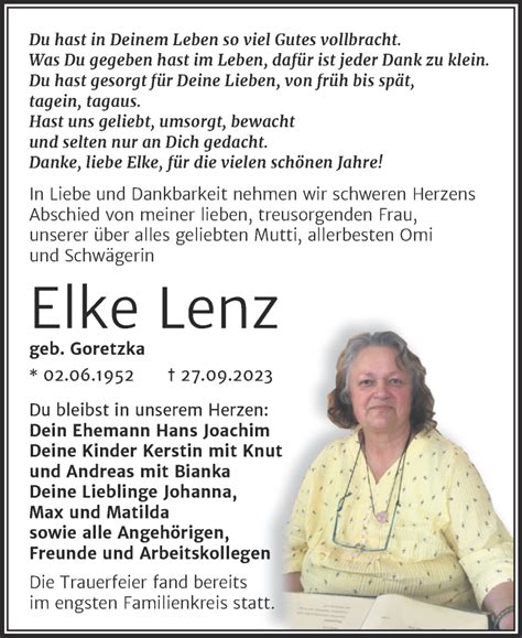 Traueranzeigen Von Elke Lenz Abschied Nehmen De