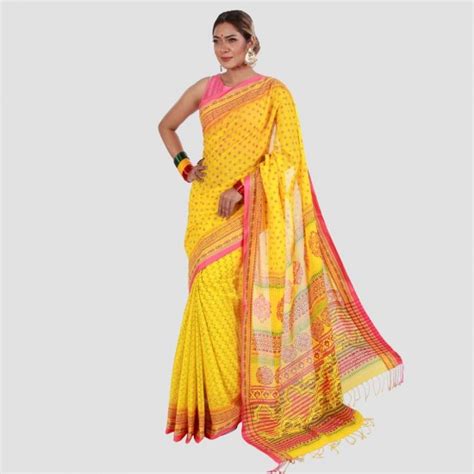 Yellow Colour Printed Cotton Shari Banglakutir