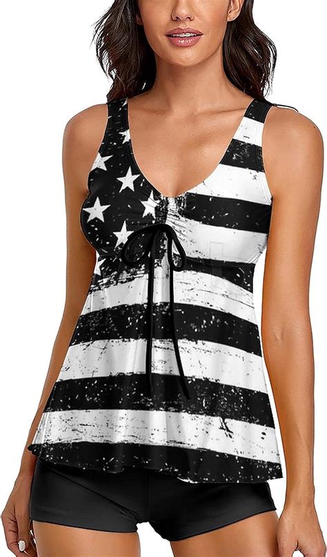 Vintage American Flag Tankini Swimsuits For Womens Two Piece Tummy