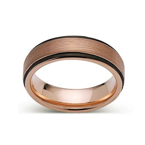 Rose Gold Tungsten Wedding Band Black Edges Brushed Rose Gold