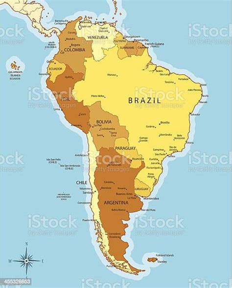 Vetores De Da América Do Sul Mapa Com Os Países E Cidades E Mais