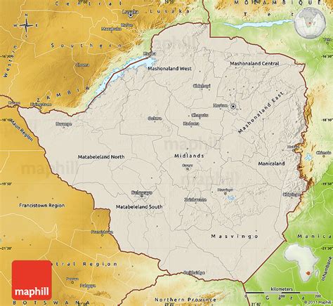 Shaded Relief Map of Zimbabwe, physical outside