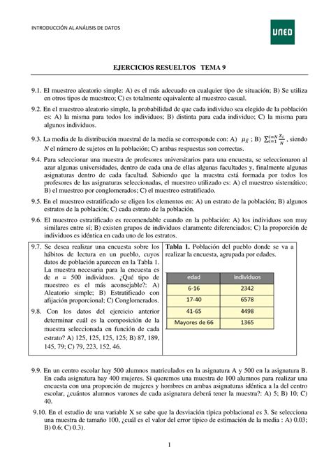 Tema 9 Ejercicios Resueltos Ejercicios Resueltos Tema 9 El Muestreo Aleatorio Simple A Es El