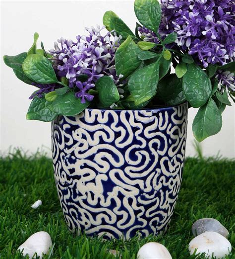 Buy Blue Ceramic Medium Tumbler Shape With Rd Print Planter At 43 Off By Justoriginals Pepperfry