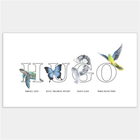 Hugo Name Print Personalised Educational Nursery Art Little Artimals