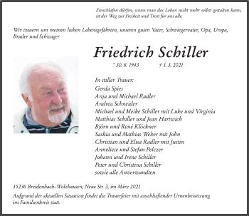 Traueranzeigen Von Friedrich Schiller Vrm Trauer De