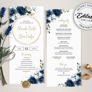 Wedding Program Template With Navy Blue Roses INSTANT DOWNLOAD Editable, Printable Template, 144 ...