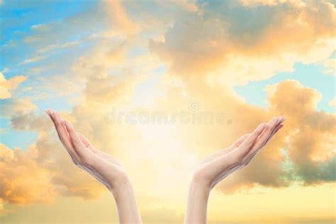 Woman Hands Reach For The Sky Clouds In Prayer Stock Photo Image Of