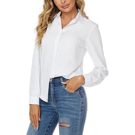 Ws2180 Womens Basic Button Down Shirts Long Sleeve Plus Size Simple Stretch Formal Casual Shirt