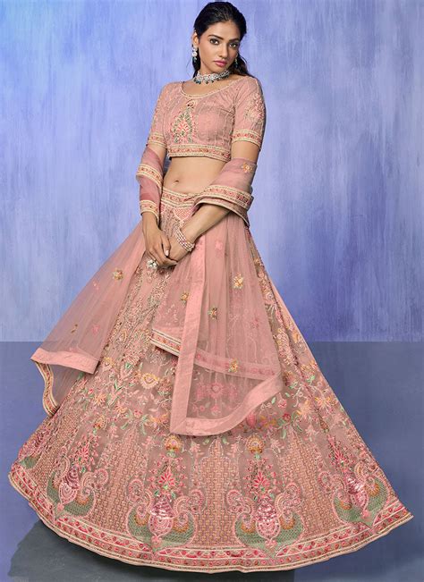 Buy Peach Net Embroidered Umbrella Lehenga Party Wear Online At Best