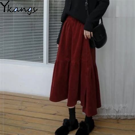 Plus Size Autumn Winter Corduroy Skirt Women Vintage Wine Red Midi Long