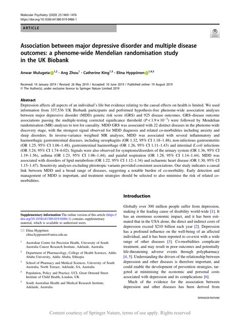 Association Between Major Depressive Disorder And Multiple Disease