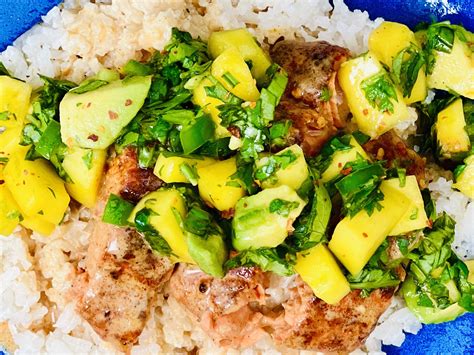 Tropical BBQ Salmon with Mango Salsa and Coconut Rice (Low FODMAP