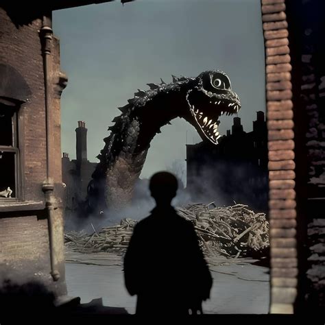 Um Homem Olhando Para A Cabe A De Um Monstro Destruindo Uma Cidade