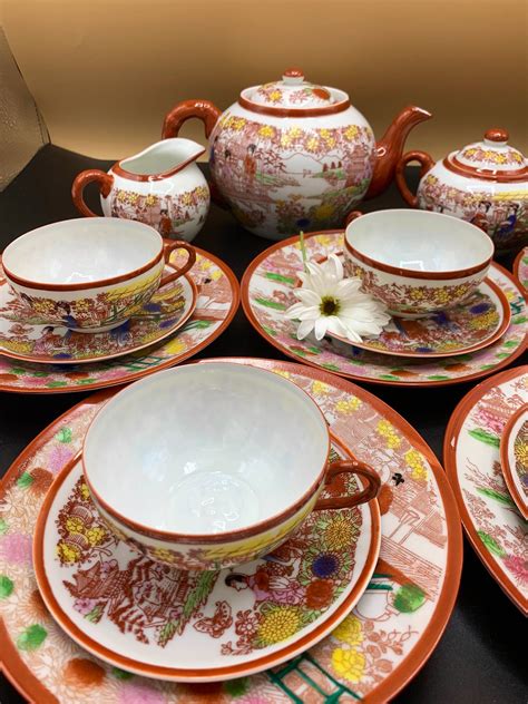 Vintage 1950s Dragon Wear Kutani Moriage Geisha Lithophane Tea Set