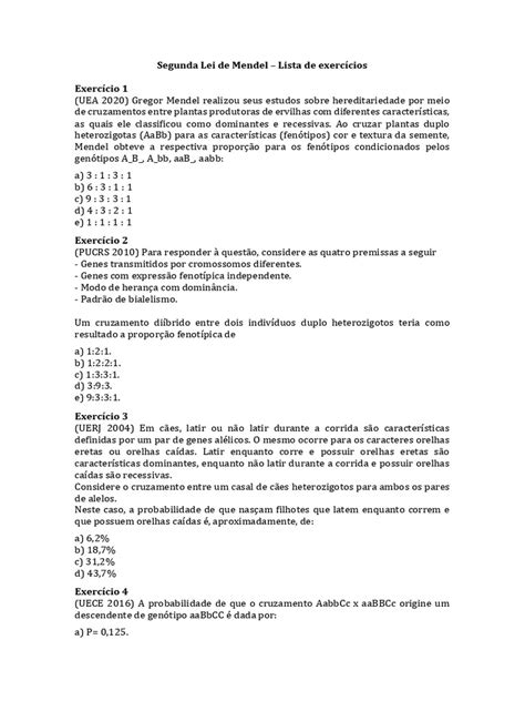 Exercícios Sobre A Segunda Lei De Mendel - Exercícios sobre a Segunda Lei de Mendel | PDF | Dominância (genética ...