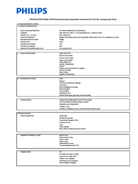 Specification Philips CX50 Ultrasound System (Portable Ultrasound For ...